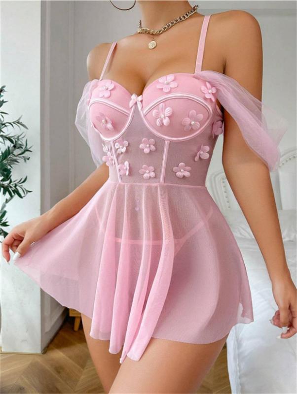 Pink Sexy Women's Mesh Embroidered Flower Nightgown Babydolls Lingerie