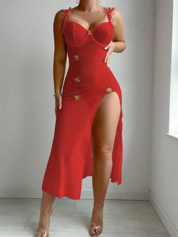 Red Straps V Neck Mesh See Through Erotic Evening Nights Sleepwear