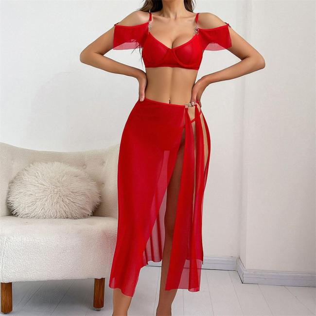 Red Straps Lace Hollow Out Evening Home Sexy Skirt Gown Lingerie
