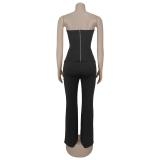Black Two Pieces Off Shoulder Hollow Out Zipper Tops Bodycon Pant Sets Dress