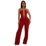 Red Two Pieces Off Shoulder Hollow Out Zipper Tops Bodycon Pant Sets Dress