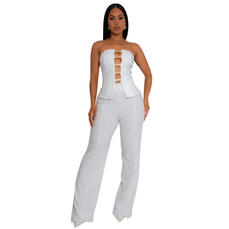 White Two Pieces Off Shoulder Hollow Out Zipper Tops Bodycon Pant Sets Dress