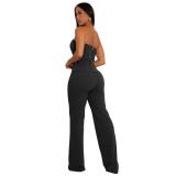 Black Two Pieces Off Shoulder Hollow Out Zipper Tops Bodycon Pant Sets Dress