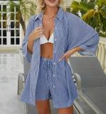 Blue Two Pieces Striped Shirt Top Loose Elastic Waist Shorts Casual Dress
