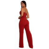 Red Two Pieces Off Shoulder Hollow Out Zipper Tops Bodycon Pant Sets Dress