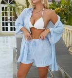 Light Blue Two Pieces Striped Shirt Top Loose Elastic Waist Shorts Casual Dress 004