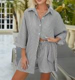 Black Two Pieces Striped Shirt Top Loose Elastic Waist Shorts Casual Dress