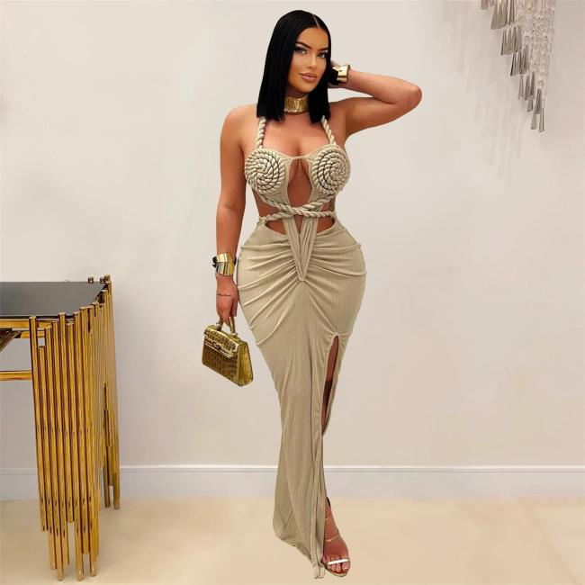 Khaki Bandage Hollow Out Snatched Straps Bodycon Slit Party Club Dress