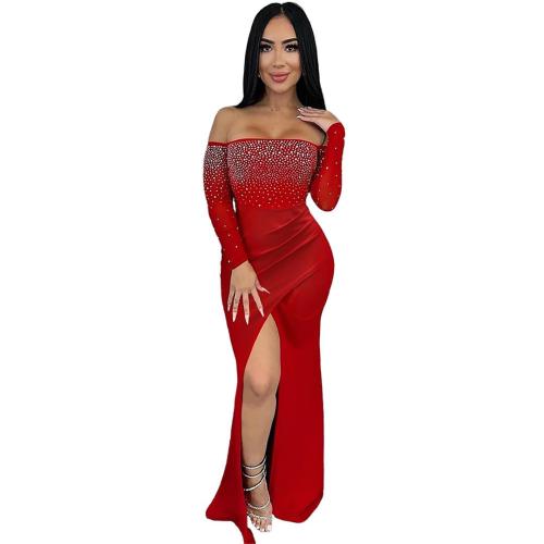 Claret Strapless Mesh Sleeve Rhinestones Elegant Evening Maxi Dress
