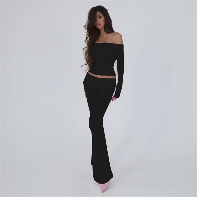 Black Long Sleeve Women Two Pieces Crop Top & Pants Party Streetwear Dress
