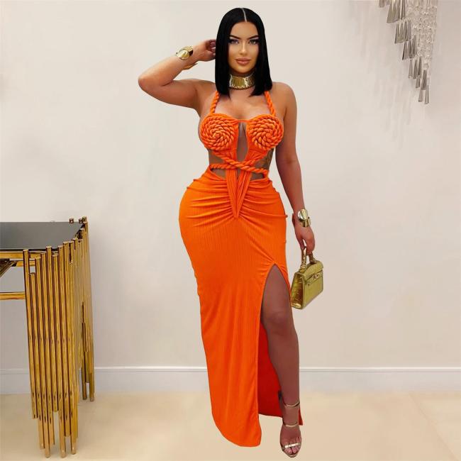 Orange Bandage Hollow Out Snatched Straps Bodycon Slit Party Club Dress