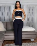 Black Button Offi Shoulder Zipper Crop Tops Straight High Waist Wide Legs Pant Sets