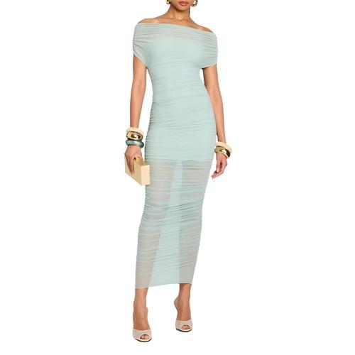 Green Strapless Mesh See Through Pleated Luxury Women Formal Midi Dress