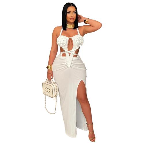 White Bandage Hollow Out Snatched Straps Bodycon Slit Party Club Dress