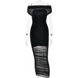 Black Strapless Mesh See Through Pleated Luxury Women Formal Midi Dress