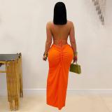 Orange Bandage Hollow Out Snatched Straps Bodycon Slit Party Club Dress