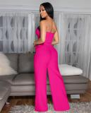 Rose Red Button Offi Shoulder Zipper Crop Tops Straight High Waist Wide Legs Pant Sets