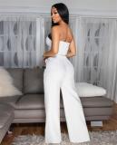 White Button Offi Shoulder Zipper Crop Tops Straight High Waist Wide Legs Pant Sets