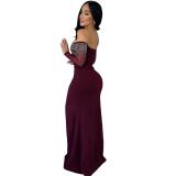 Claret Strapless Mesh Sleeve Rhinestones Elegant Evening Maxi Dress