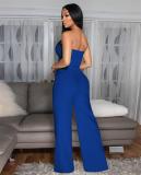 Blue Button Offi Shoulder Zipper Crop Tops Straight High Waist Wide Legs Pant Sets