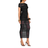 Black Strapless Mesh See Through Pleated Luxury Women Formal Midi Dress