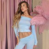 Blue Long Sleeve Women Two Pieces Crop Top & Pants Party Streetwear Dress