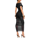 Black Strapless Mesh See Through Pleated Luxury Women Formal Midi Dress
