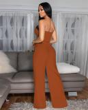 Khaki Button Offi Shoulder Zipper Crop Tops Straight High Waist Wide Legs Pant Sets