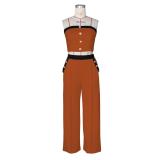 Khaki Button Offi Shoulder Zipper Crop Tops Straight High Waist Wide Legs Pant Sets