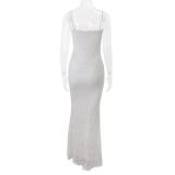 White Sleeveless Lace Ruffles Hollow Out Bodycon Long Dress