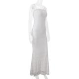 White Sleeveless Lace Ruffles Hollow Out Bodycon Long Dress
