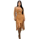 Brown Strapless Metal Buckle Bandage Tassels Sexy Party Clubwear