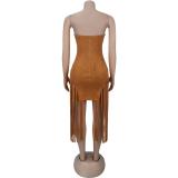 Brown Strapless Metal Buckle Bandage Tassels Sexy Party Clubwear