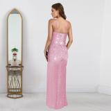 Pink Straps Diamonds Bodycon Mesh Pleated Slit Evening Formal Long Dress