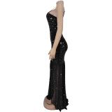 Black Straps Diamonds Bodycon Mesh Pleated Slit Evening Formal Long Dress