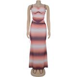 Coffee Sleeveless Two Pieces Printed Crop Top & Pleated Women Skirt Sets