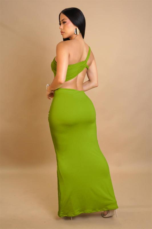 Green Women's One Shoulder Cut Out Sexy Pleated Women Evening Club Prom Maxi Dress