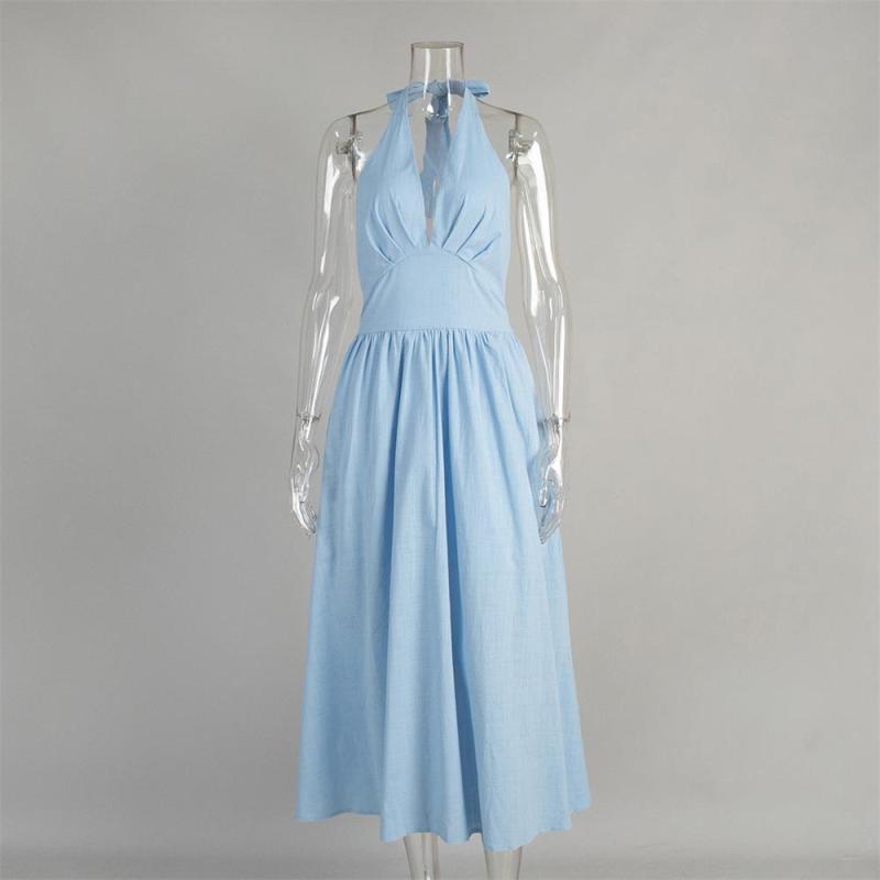 Blue Deep V Neck Halter Pleated Waist Fashion Women Casual Maxi Dress