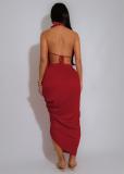 Red Two Pieces Halter Pleated V Neck High Slit Sexy Skirt Sets Dress