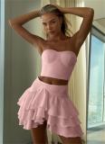 Pink Two Pieces Off Shoulder Crop Tops Pleated Cake Mini Skirt Sets