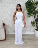 White Women's One Shoulder Cut Out Sexy Pleated Women Evening Club Prom Maxi Dress