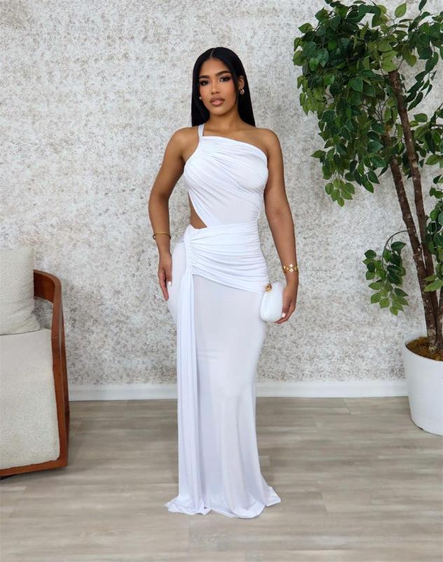 White Women's One Shoulder Cut Out Sexy Pleated Women Evening Club Prom Maxi Dress