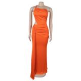 Orange Women's One Shoulder Cut Out Sexy Pleated Women Evening Club Prom Maxi Dress