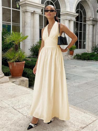 Beige Deep V Neck Halter Pleated Waist Fashion Women Casual Maxi Dress