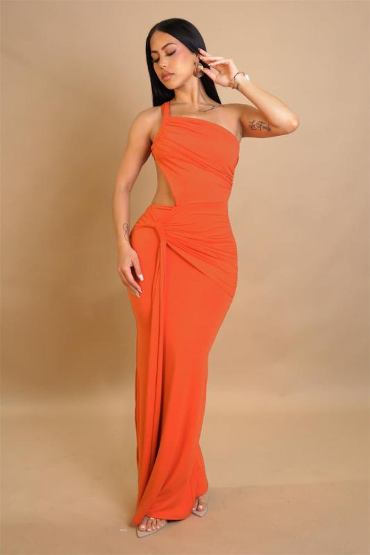 Orange Women's One Shoulder Cut Out Sexy Pleated Women Evening Club Prom Maxi Dress