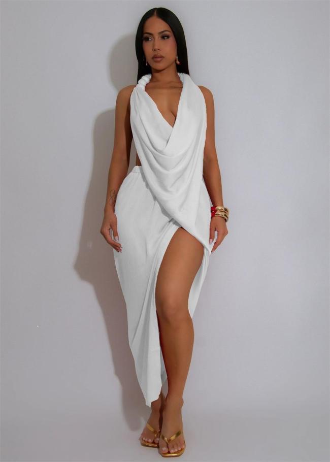 White Two Pieces Halter Pleated V Neck High Slit Sexy Skirt Sets Dress