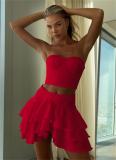 Red Two Pieces Off Shoulder Crop Tops Pleated Cake Mini Skirt Sets