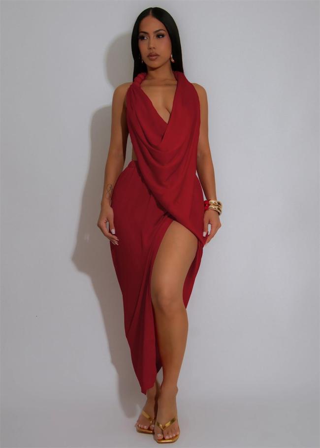 Red Two Pieces Halter Pleated V Neck High Slit Sexy Skirt Sets Dress