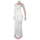 White Women's One Shoulder Cut Out Sexy Pleated Women Evening Club Prom Maxi Dress