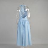 Blue Deep V Neck Halter Pleated Waist Fashion Women Casual Maxi Dress